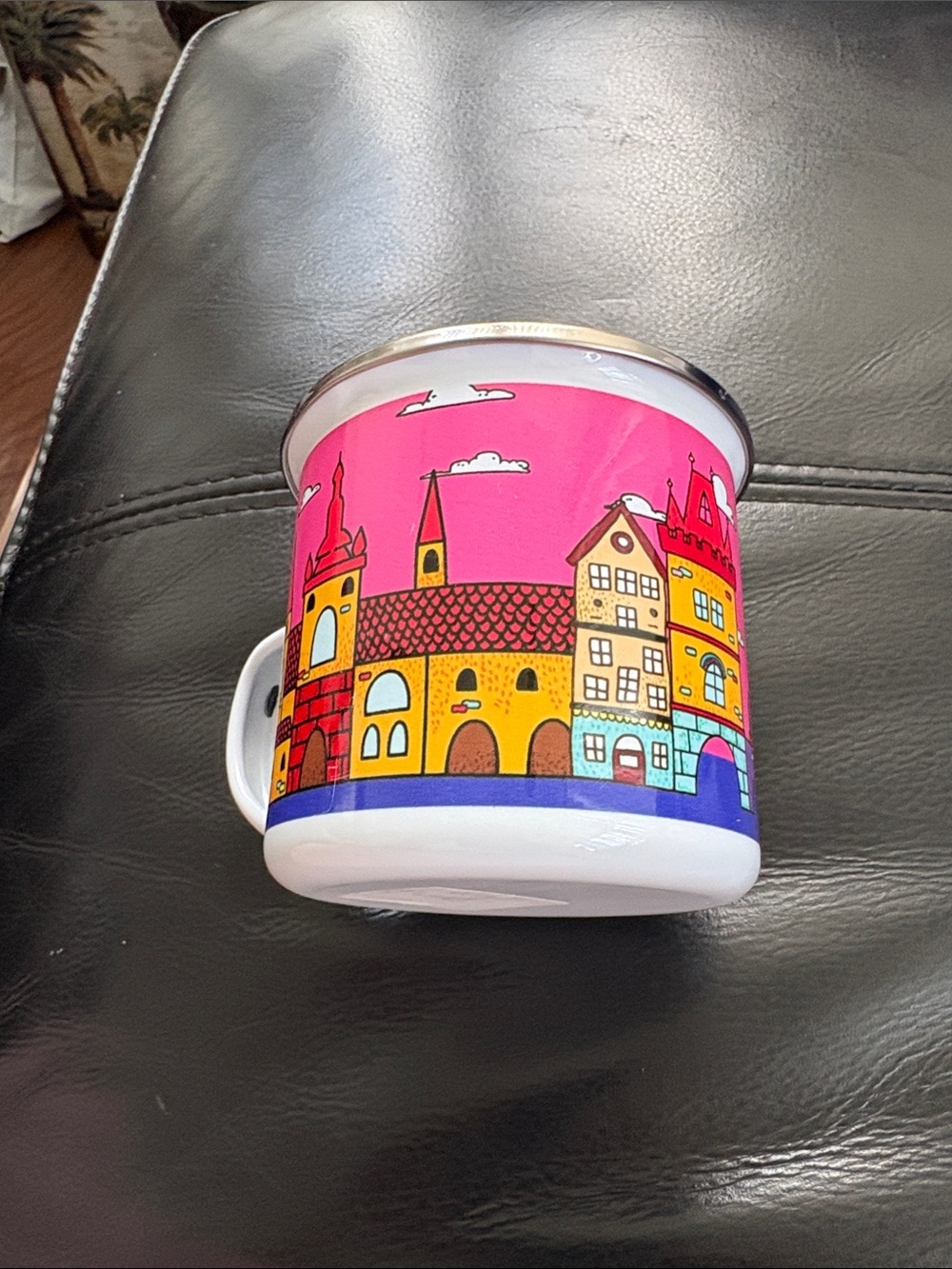 Prague Pink Enamel Travel Mug - Coffee Cup - Picture 4 of 6